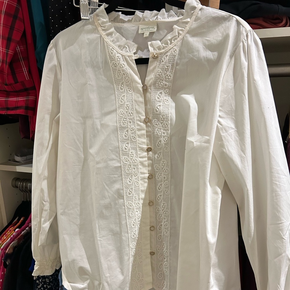 Spartina 449 Embroidered Cream Longsleeve Cotton Top (Size L)